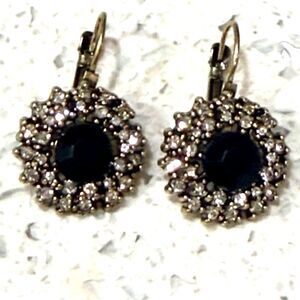 New Black Crystal Drop Earrings Gold Tone Halo Dangle Vintage Style Rhinestone